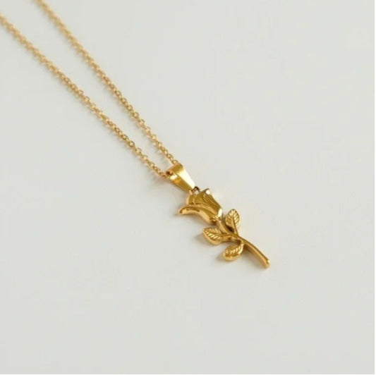 18K GOLD PLATED ROSE STEM PENDANT NECKLACE