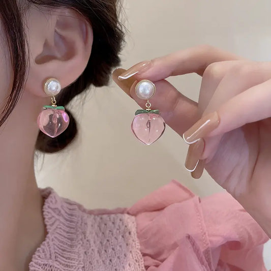 Cute pearl with hanging peach earrings