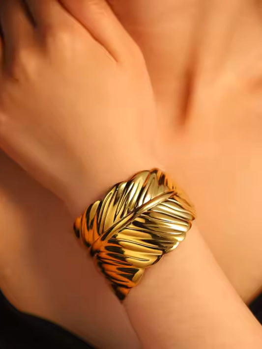 18K Gold PVD Plated Leaf Shape Cuff Bracelet