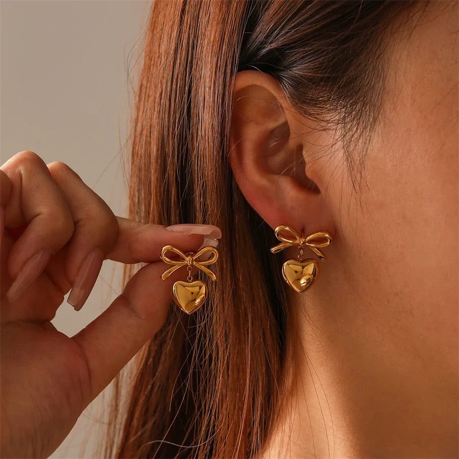 Elegant Bow and Heart Drop Earrings