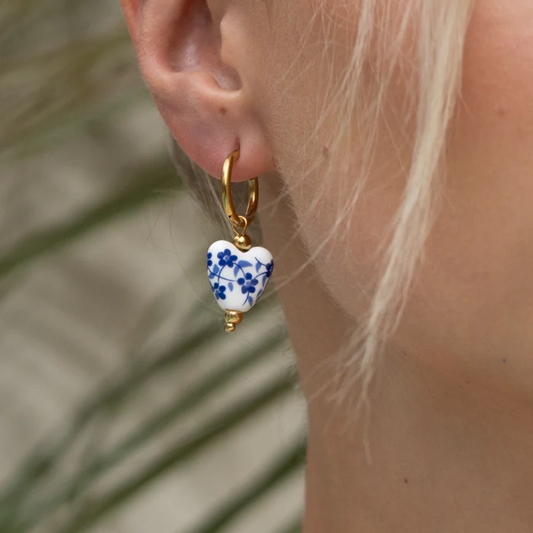Blue & White Ceramic Heart Earrings