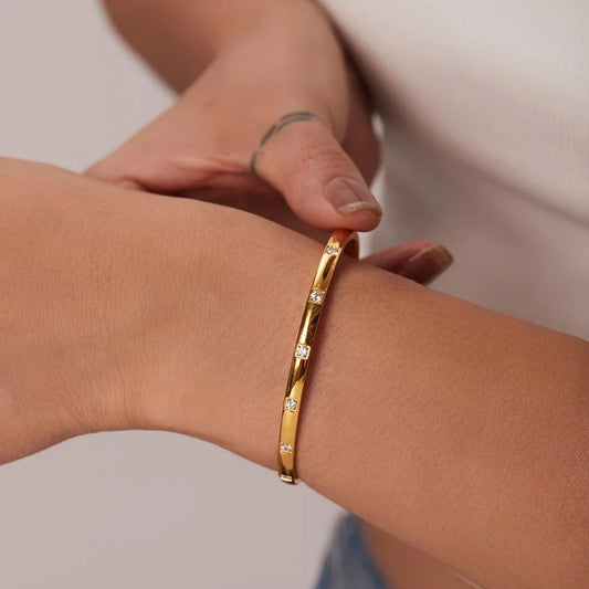 Lisa Stainless Steel 18K Gold Plated Rhinestone Studded Bangle Bracelet