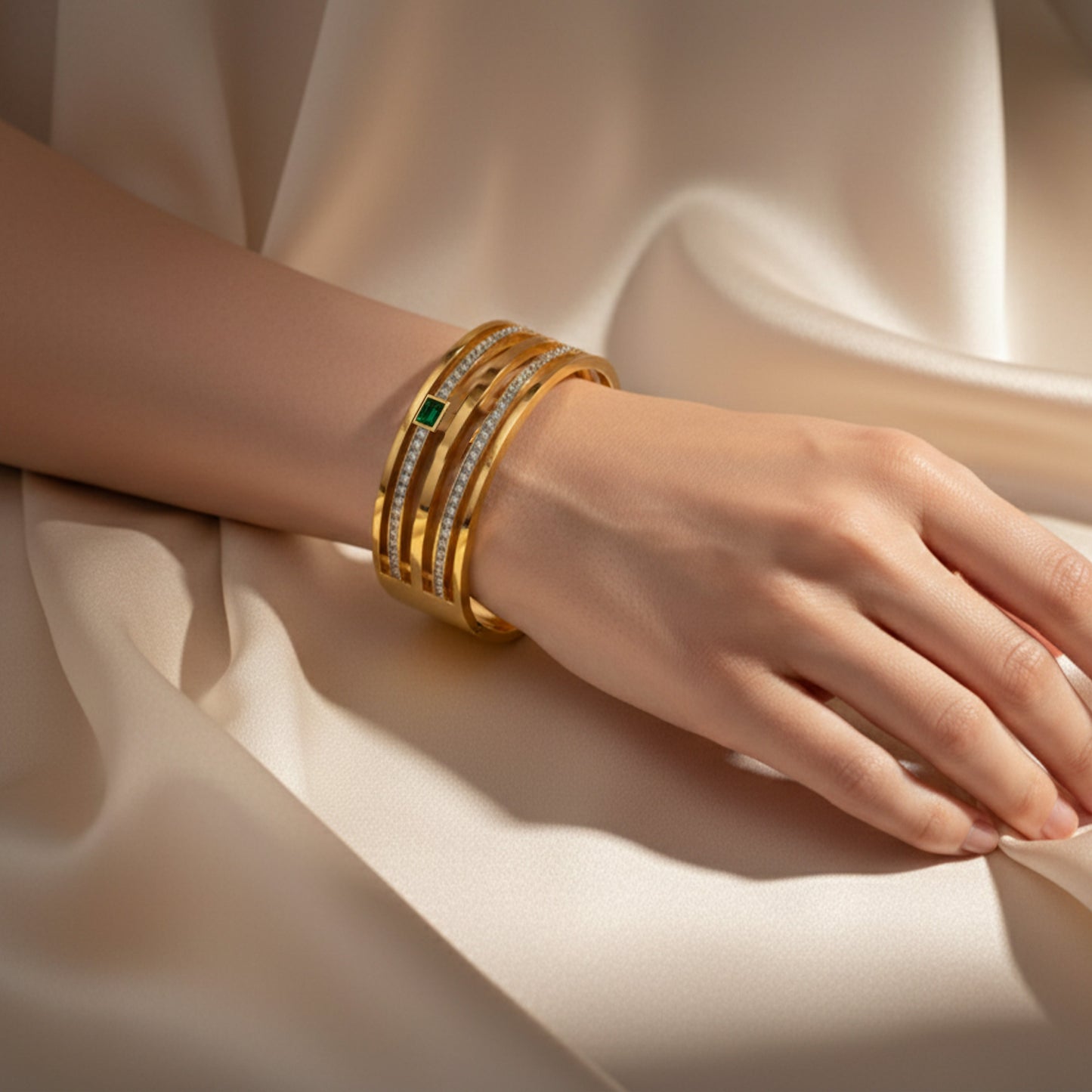Emerald Broad Green Stone Kada Bracelet