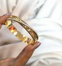 Greek Design Studded Diamond Gold Bangle Bracelet ( Small Size )