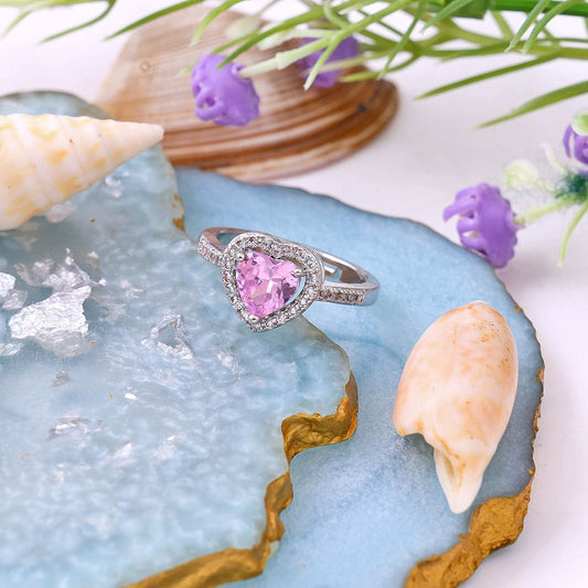 Pink Heart Halo Zircon Ring