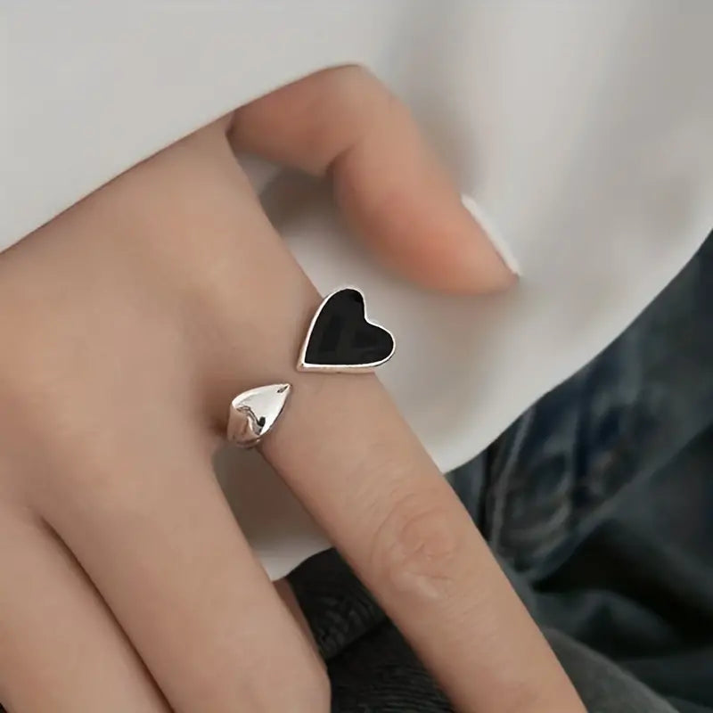 Love Knuckle Double Heart Silver Black Adjustable Ring