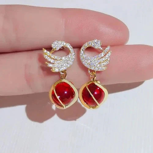 Cute Swan With Red Pearl Earrings