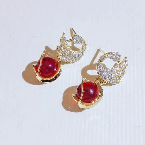 Cute Swan With Red Pearl Earrings