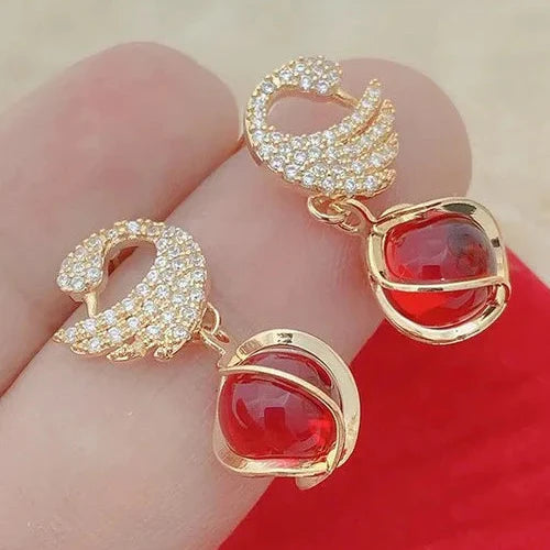 Cute Swan With Red Pearl Earrings