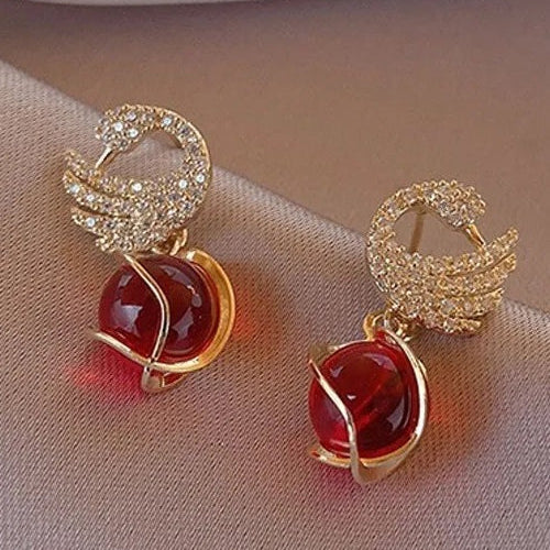 Cute Swan With Red Pearl Earrings