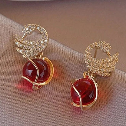 Cute Swan With Red Pearl Earrings