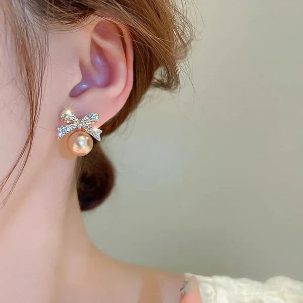 Gold Shiny Bow-Tie Pearl Earrings