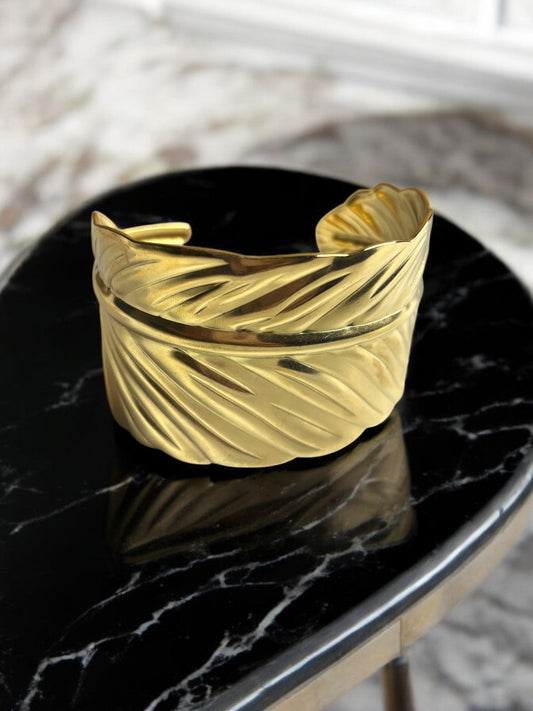 18K Gold PVD Plated Leaf Shape Cuff Bracelet