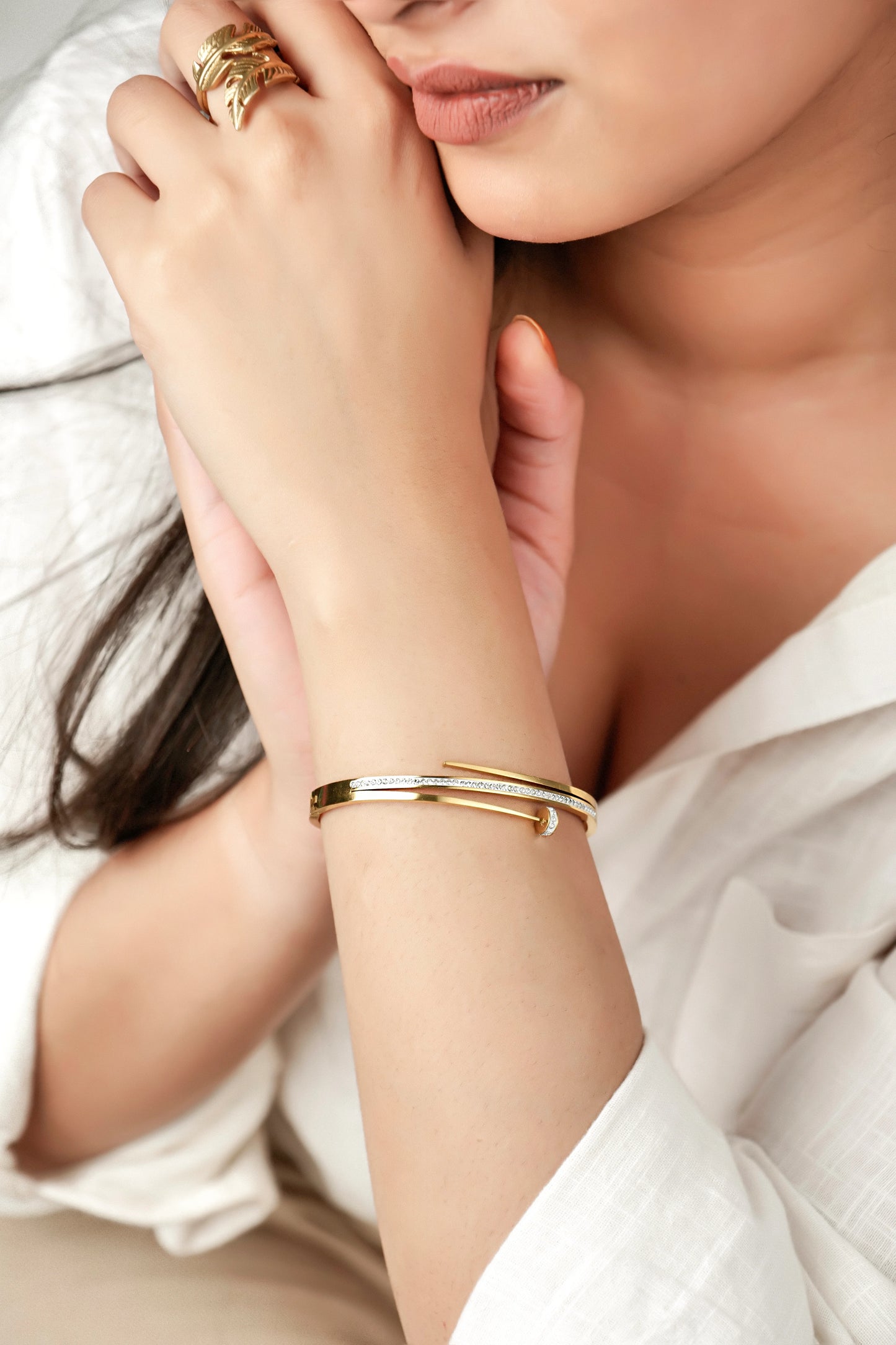 Nail Cubic Zircona 18K Gold Plated Bangle Bracelet