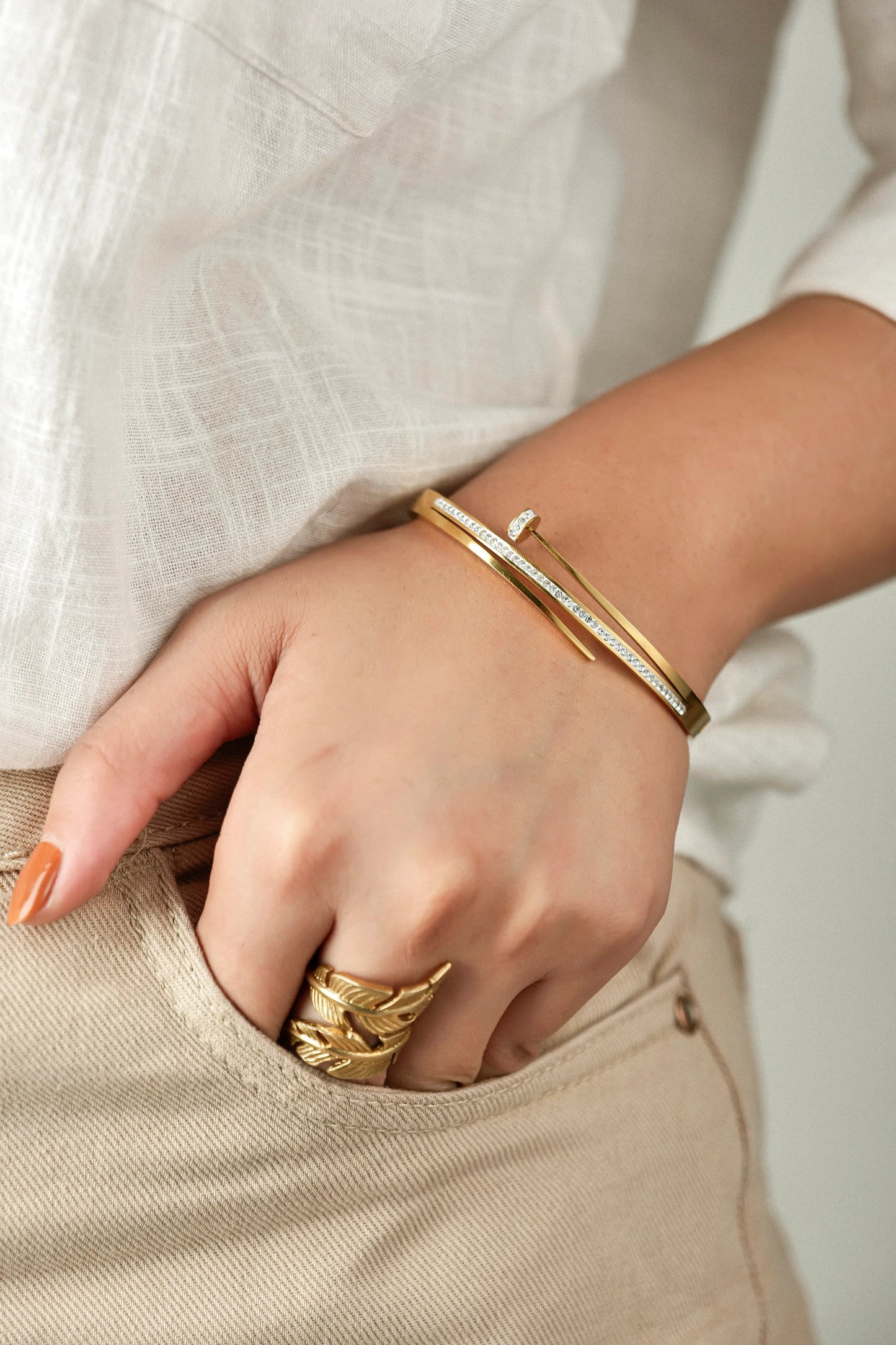 Nail Cubic Zircona 18K Gold Plated Bangle Bracelet