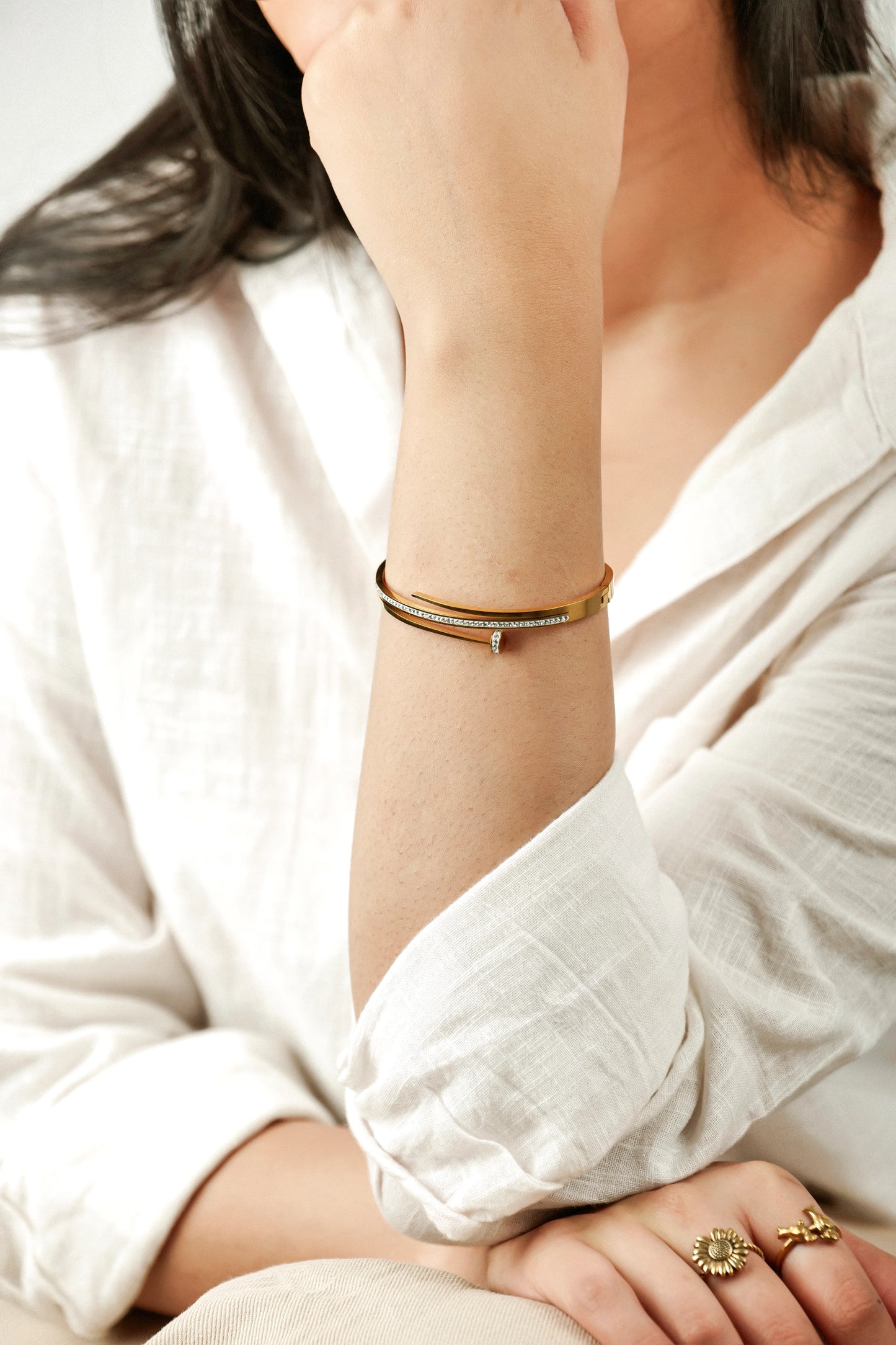 Nail Cubic Zircona 18K Gold Plated Bangle Bracelet