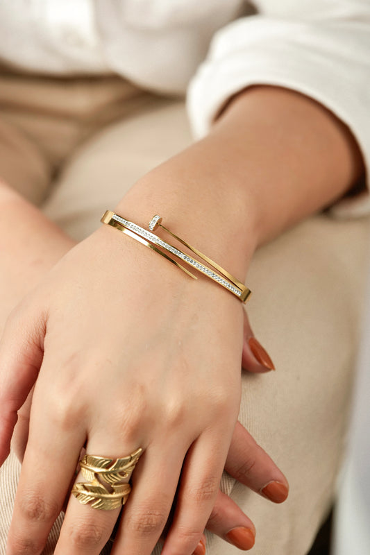 Nail Cubic Zircona 18K Gold Plated Bangle Bracelet