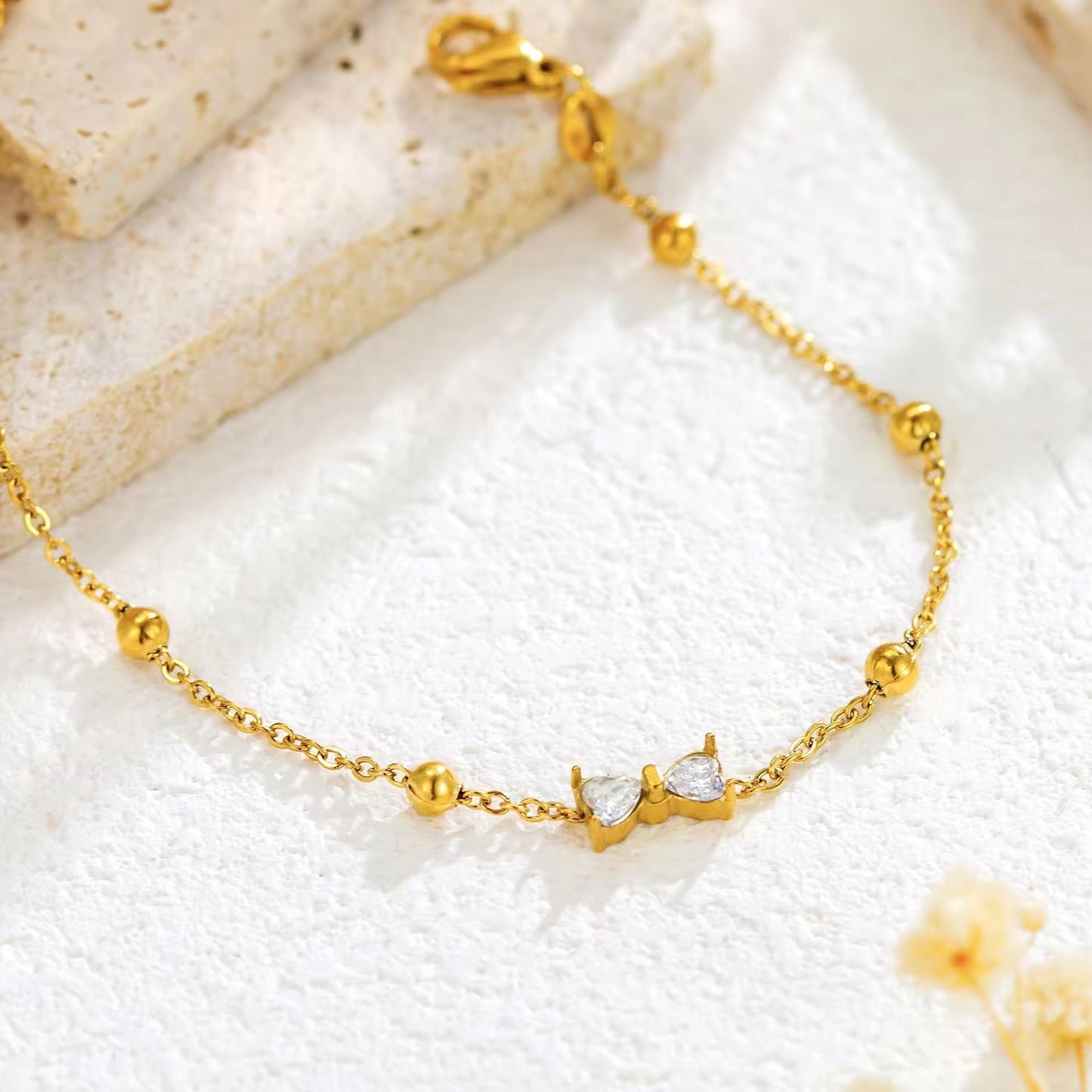 Dainty Bow Heart 18K Gold Plated Zircon Bracelet
