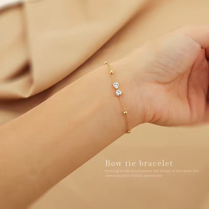 Dainty Bow Heart 18K Gold Plated Zircon Bracelet