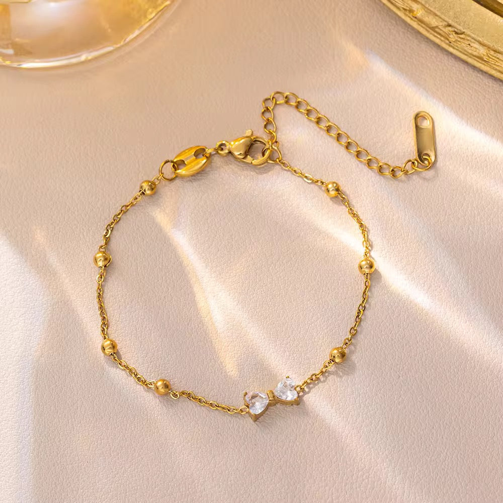 Dainty Bow Heart 18K Gold Plated Zircon Bracelet