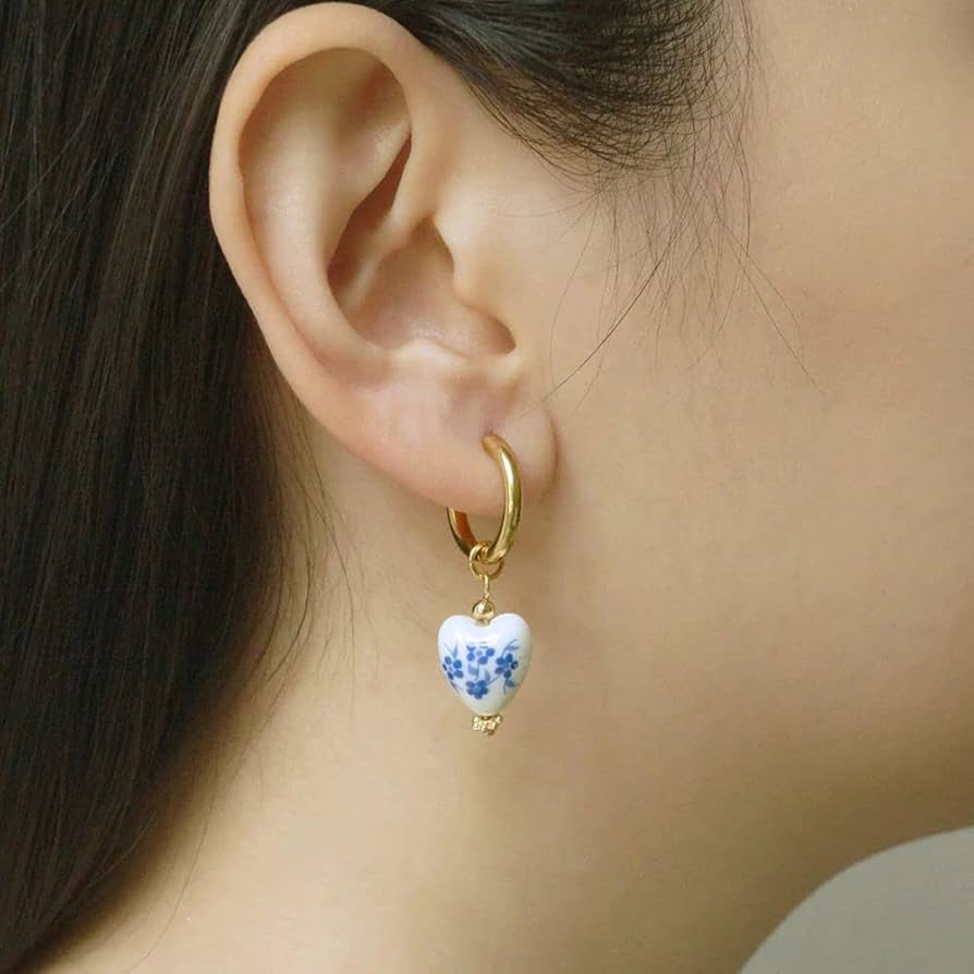 Blue & White Ceramic Heart Earrings