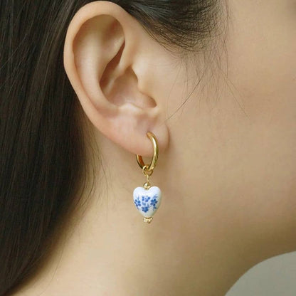 Blue & White Ceramic Heart Earrings