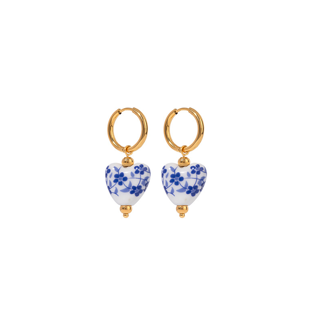Blue & White Ceramic Heart Earrings