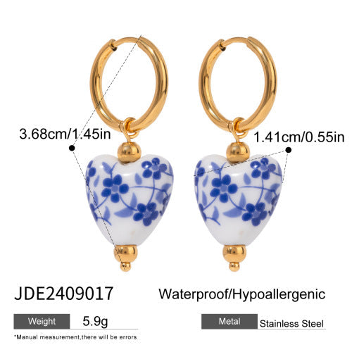 Blue & White Ceramic Heart Earrings