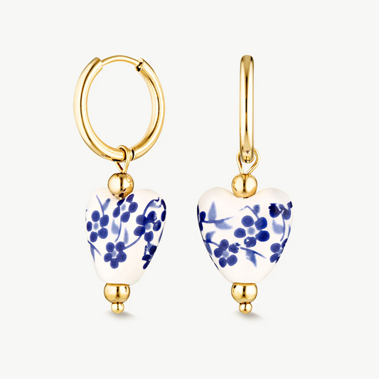 Blue & White Ceramic Heart Earrings