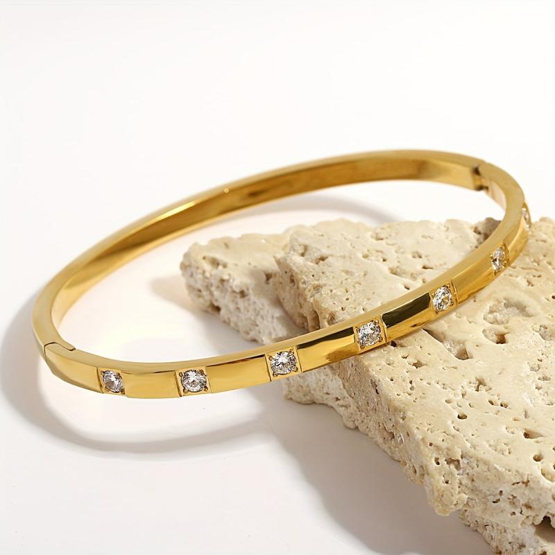 Lisa Stainless Steel 18K Gold Plated Rhinestone Studded Bangle Bracelet ( Small Size )