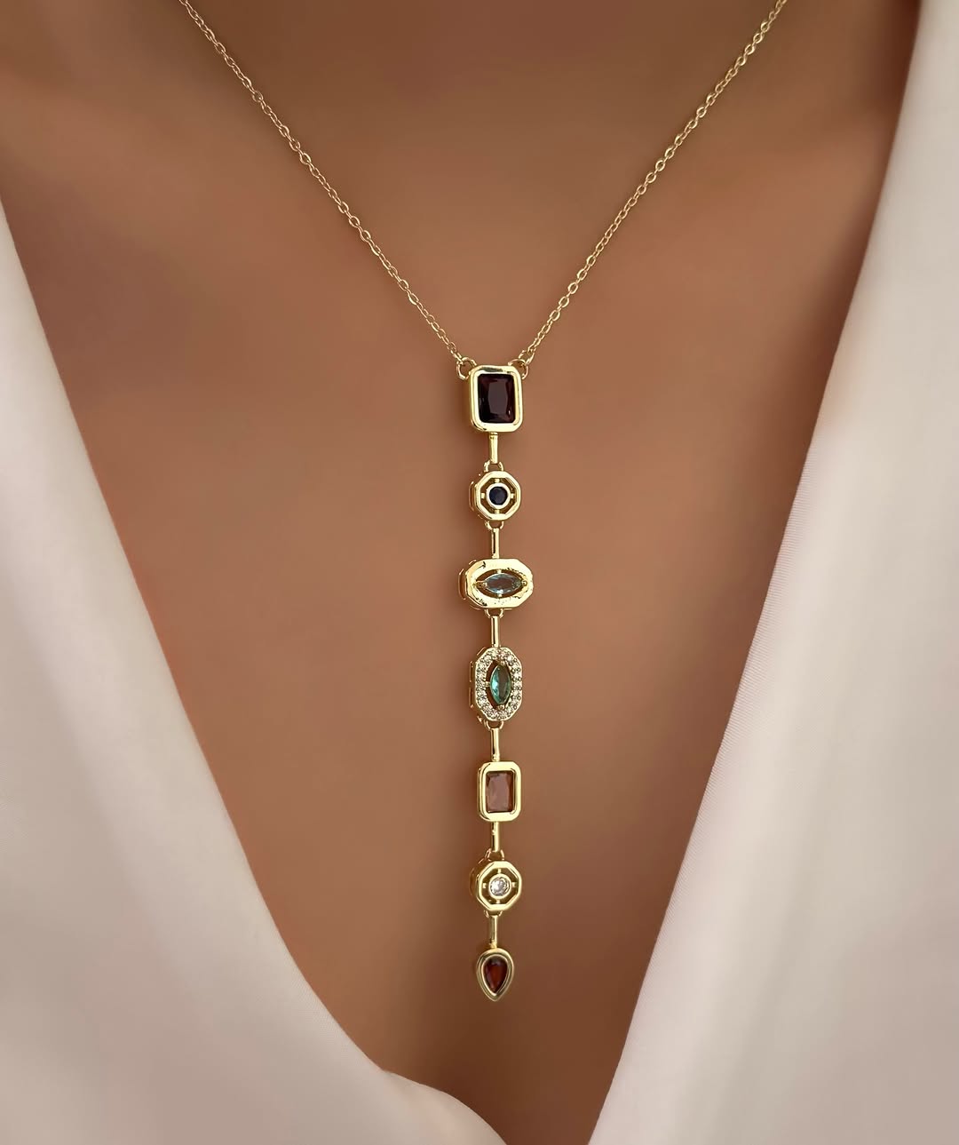 Seven Stones Necklace – Colorful Charm Pendant | Anti-Tarnish Gold Plated