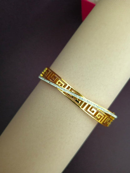 Greek Design Studded Diamond Gold Bangle Bracelet ( Small Size )