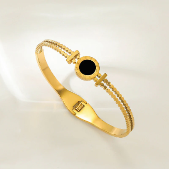 Black Enigma Round Emblem Bangle – 18K Gold Plated | Adjustable Designer Bracelet for Women