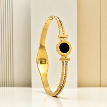 Black Enigma Round Emblem Bangle – 18K Gold Plated | Adjustable Designer Bracelet for Women