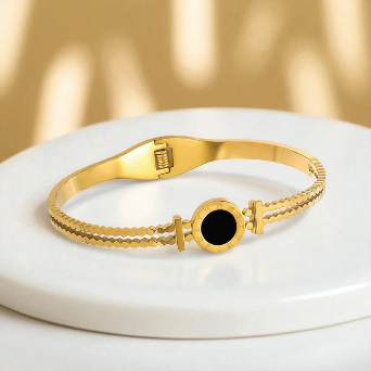 Black Enigma Round Emblem Bangle – 18K Gold Plated | Adjustable Designer Bracelet for Women