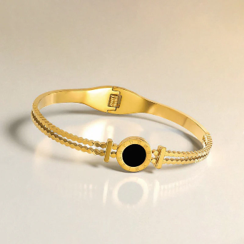 Black Enigma Round Emblem Bangle – 18K Gold Plated | Adjustable Designer Bracelet for Women