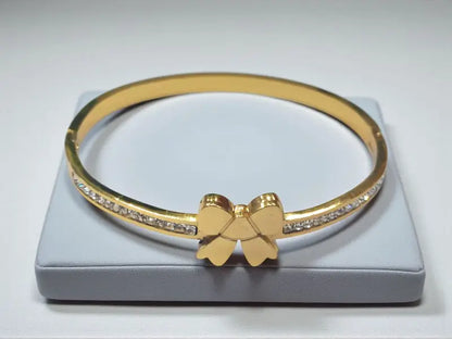 Golden Bow Motif Bangle – 18K Gold Plated | Dainty CZ Bracelet for Women