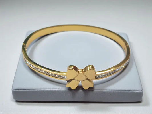 Golden Bow Motif Bangle – 18K Gold Plated | Dainty CZ Bracelet for Women