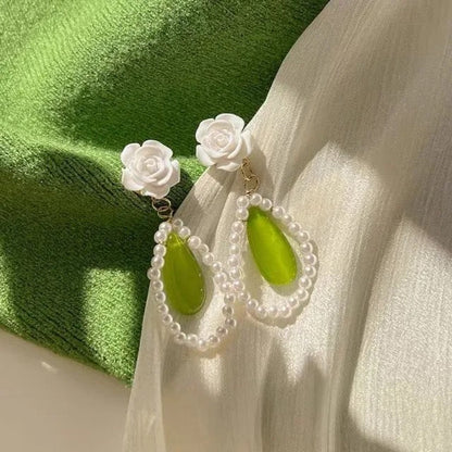 Elegant Soft White Flower Green Drop Earrings