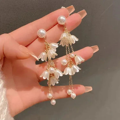 Pearl Flower Long Chain Earrings