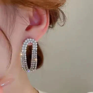 Crystal Duo Pearl Silver Earrings