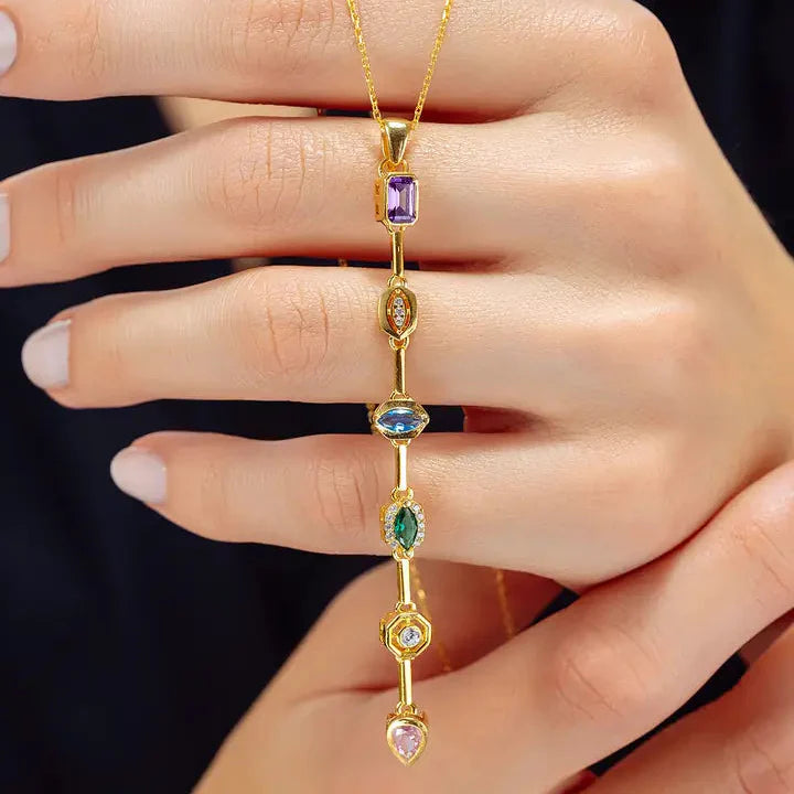 Seven Stones Necklace – Colorful Charm Pendant | Anti-Tarnish Gold Plated