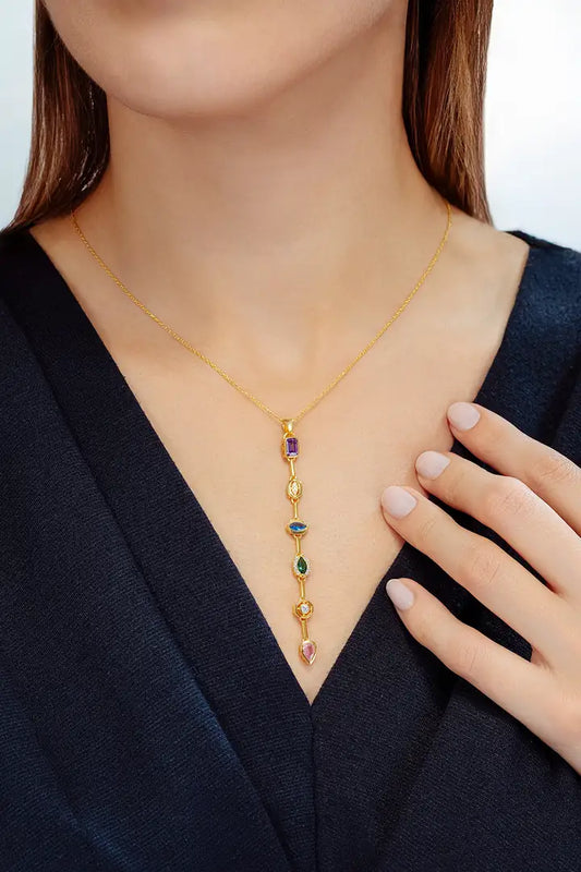 Seven Stones Necklace – Colorful Charm Pendant | Anti-Tarnish Gold Plated