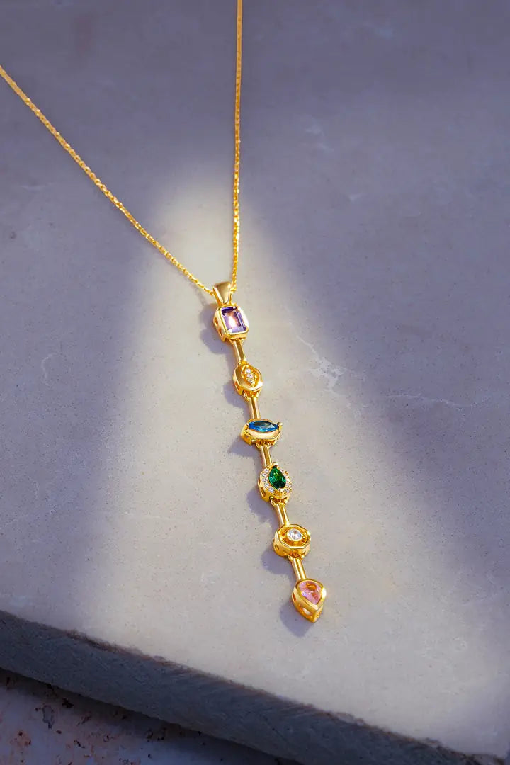Seven Stones Necklace – Colorful Charm Pendant | Anti-Tarnish Gold Plated